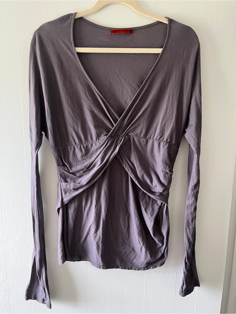 Velvet Long-Sleeve Twist Front Top - Dusty Mauve